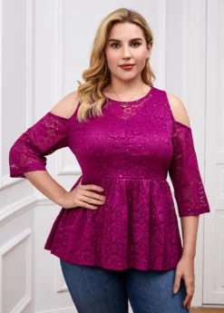 Plus Size Cold Shoulder Lace Stitching T Shirt -Elegance Swimwear Store 261653 P 16097580360062