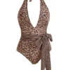 Leopard Print Halter Belted One Piece Swimwear