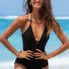 Ladder Cutout Black Halter One Piece Swimwear