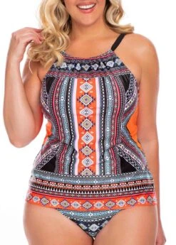 Plus Size Geometric Print Spaghetti Strap Tankini Set