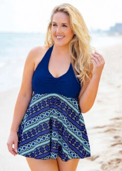 Plus Size Geometric Print Halter Swimdress And Shorts