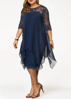 Navy Blue Three Quarter Sleeve Chiffon Overlay Lace Dress -Elegance Swimwear Store 262067 P 1608550532791