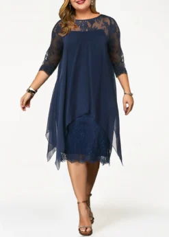Navy Blue Three Quarter Sleeve Chiffon Overlay Lace Dress -Elegance Swimwear Store 262067 P 1608550532920