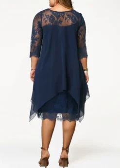 Navy Blue Three Quarter Sleeve Chiffon Overlay Lace Dress -Elegance Swimwear Store 262067 P 1608550533298
