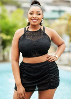 Plus Size Lace Stitching High Waisted Bikini Set