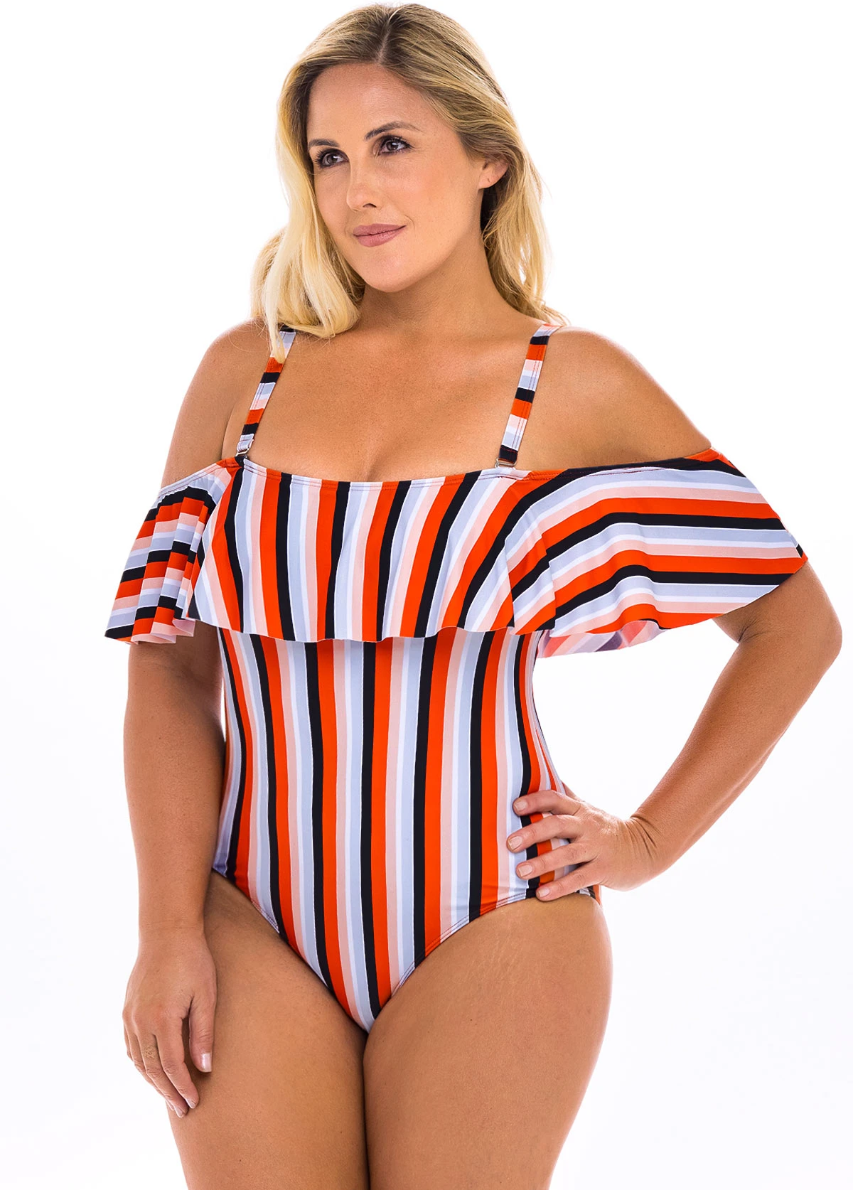 Plus Size Striped Cold Shoulder One Piece Swimwear 3 Plus Size Striped Cold Shoulder One Piece Swimwear - Image 3