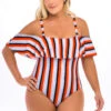 Plus Size Striped Cold Shoulder One Piece Swimwear