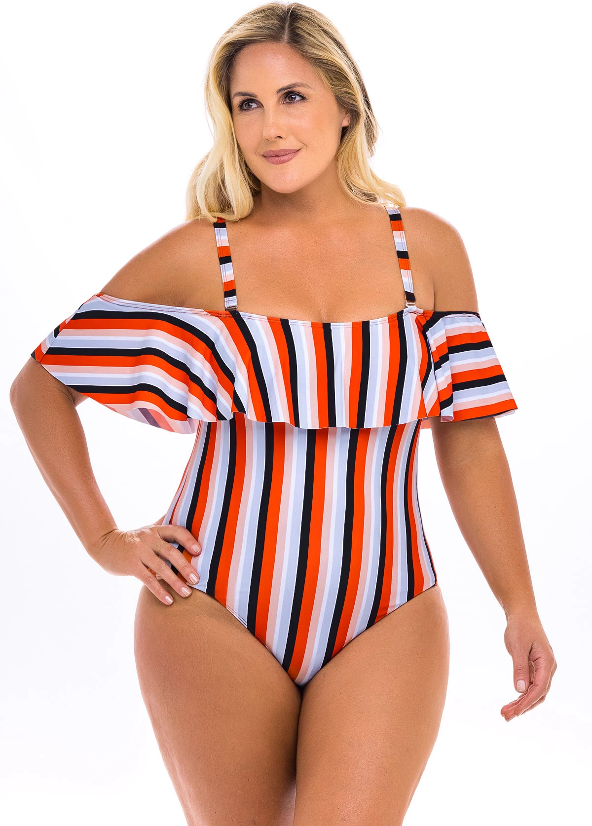 Plus Size Striped Cold Shoulder One Piece Swimwear 1 Plus Size Striped Cold Shoulder One Piece Swimwear