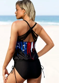 American Flag Print Drawstring Side Tankini Set -Elegance Swimwear Store 262586 P 1622272732357