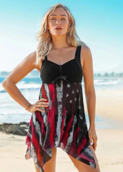 American Flag Print Wide Strap Asymmetric Hem Swimdress And Shorts -Elegance Swimwear Store 262673 P 16176844231703