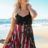 American Flag Print Wide Strap Asymmetric Hem Swimdress And Shorts