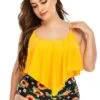 Plus Size Sunflower Print Asymmetric Hem Bikini Set