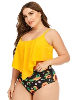 Plus Size Sunflower Print Asymmetric Hem Bikini Set -Elegance Swimwear Store 262743 P 1609322210874