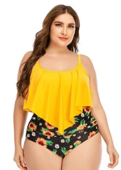 Plus Size Sunflower Print Asymmetric Hem Bikini Set -Elegance Swimwear Store 262743 P 1609322211139