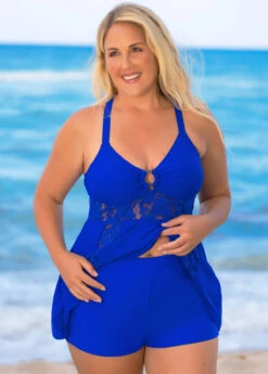 Plus Size Lace Stitching Cross Strap Swimdress And Shorts -Elegance Swimwear Store 262932 P 16206104186684