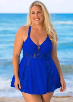 Plus Size Lace Stitching Cross Strap Swimdress And Shorts -Elegance Swimwear Store 262932 P 16206104186843