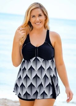 Plus Size Wide Strap Printed Swimdress And Shorts