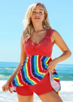 Rainbow Stripe Wide Strap Mid Waist Swimdress And Shorts -Elegance Swimwear Store 263030 P 16176843145794