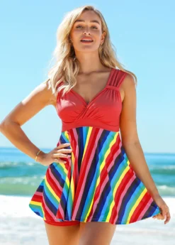 Rainbow Stripe Wide Strap Mid Waist Swimdress And Shorts