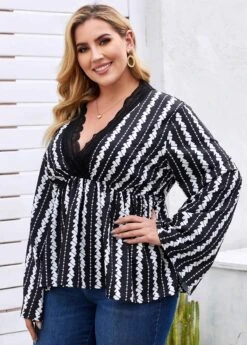 Plus Size Lace Trim Printed Blouse -Elegance Swimwear Store 263337 P 16115638250323