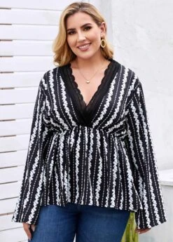 Plus Size Lace Trim Printed Blouse -Elegance Swimwear Store 263337 P 16115638250932