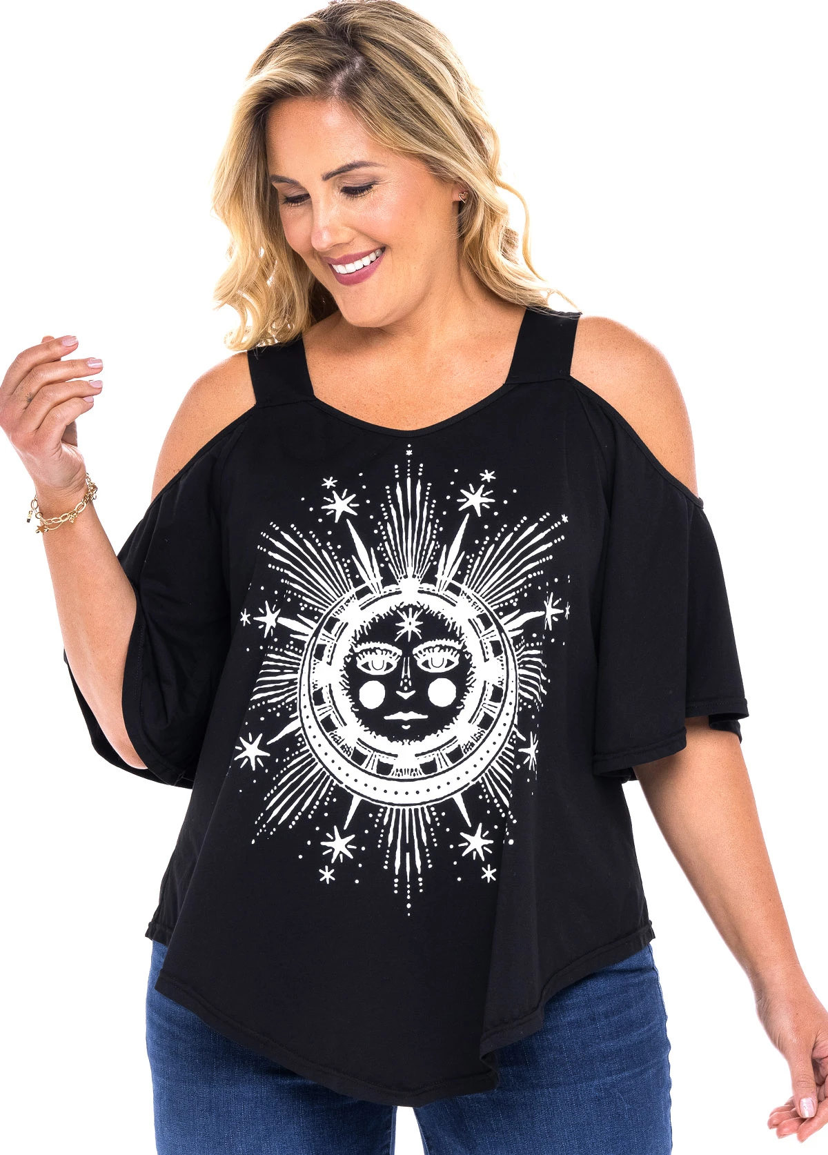 Plus Size Cold Shoulder Astrology Print T Shirt 1 Plus Size Cold Shoulder Astrology Print T Shirt