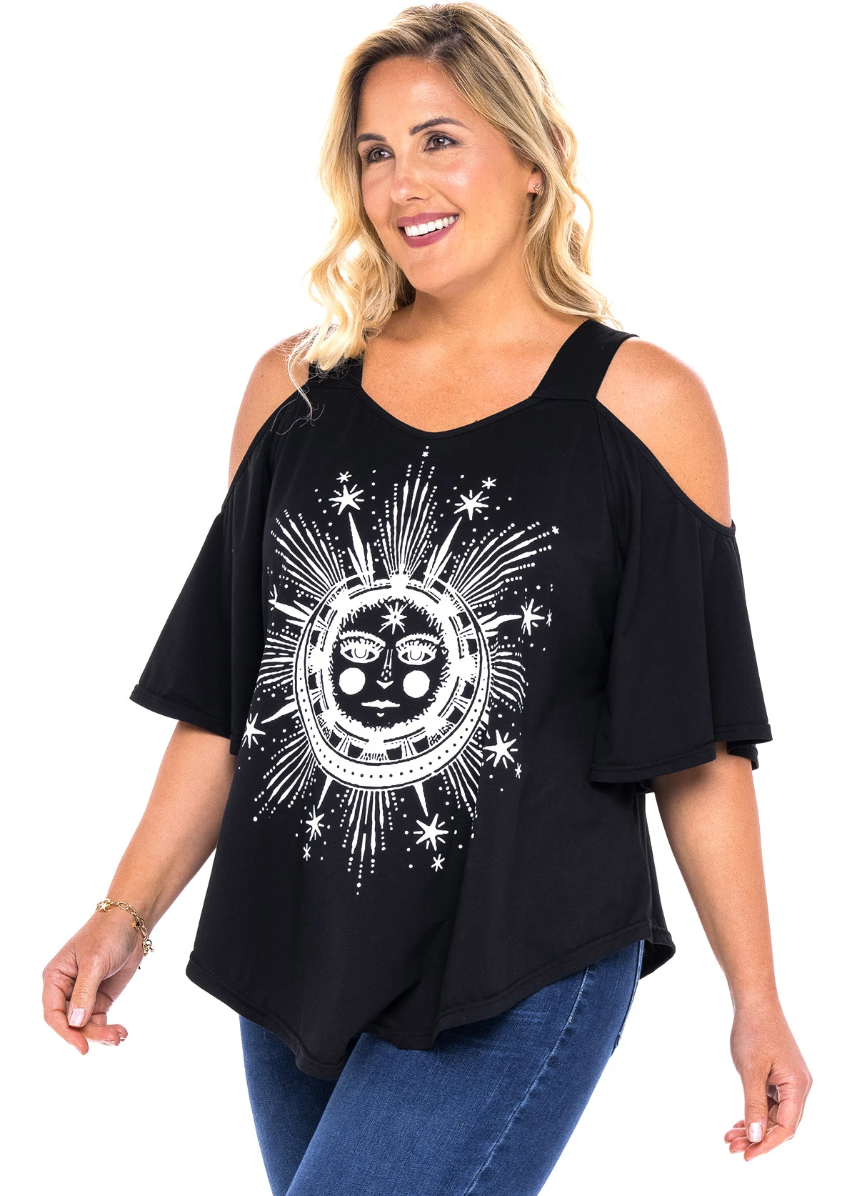 Plus Size Cold Shoulder Astrology Print T Shirt 3 Plus Size Cold Shoulder Astrology Print T Shirt - Image 3
