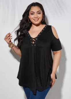 Plus Size Lace Up Cold Shoulder T Shirt -Elegance Swimwear Store 263411 P 16129431600653