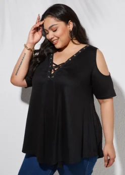 Plus Size Lace Up Cold Shoulder T Shirt -Elegance Swimwear Store 263411 P 16129431605782