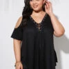 Plus Size Lace Up Cold Shoulder T Shirt