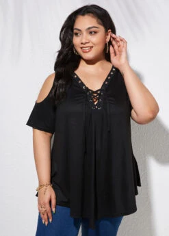 Plus Size Lace Up Cold Shoulder T Shirt