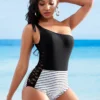 Lace Stitching Striped Tie Shoulder One Piece Swimwear