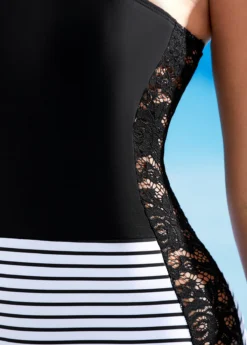 Lace Stitching Striped Tie Shoulder One Piece Swimwear -Elegance Swimwear Store 263431 P 16156136214674