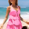 Hot Pink Layered Ruffle Hem Halter Swimdress And Panty