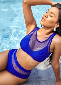 Blue Net Stitching High Waisted Bikini Set -Elegance Swimwear Store 263727 P 16141352569310