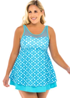 Plus Size Mesh Stitching Polka Dot Swimdress And Shorts