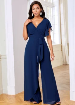V Neck Ruffle Sleeve Chiffon Overlay Jumpsuit -Elegance Swimwear Store 264361 P 16146640103753