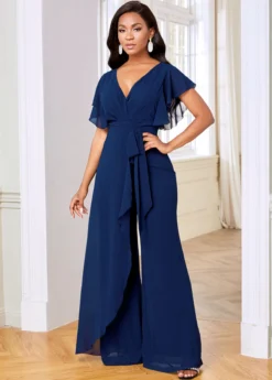 V Neck Ruffle Sleeve Chiffon Overlay Jumpsuit -Elegance Swimwear Store 264361 P 16146640106222