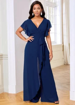 V Neck Ruffle Sleeve Chiffon Overlay Jumpsuit -Elegance Swimwear Store 264361 P 16146640107794