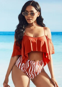Zebra Print Ruffle Overlay Cold Shoulder Bikini Set -Elegance Swimwear Store 264550 P 16184612316383