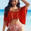 Zebra Print Ruffle Overlay Cold Shoulder Bikini Set