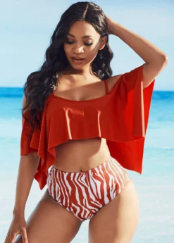Zebra Print Ruffle Overlay Cold Shoulder Bikini Set
