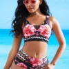 Mesh Stitching Floral Print Ladder Cutout Bikini Set