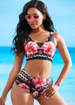 Mesh Stitching Floral Print Ladder Cutout Bikini Set