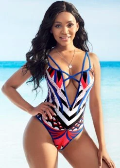 Totem Print Deep V Neck One Piece Swimwear