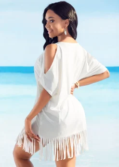 Letter Print Tassel Hem Cold Shoulder Cover Up -Elegance Swimwear Store 264651 P 16123485403361