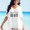 Letter Print Tassel Hem Cold Shoulder Cover Up