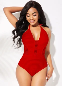 Halter Ladder Cutout Red One Piece Swimwear -Elegance Swimwear Store 264686 P 16323655471264