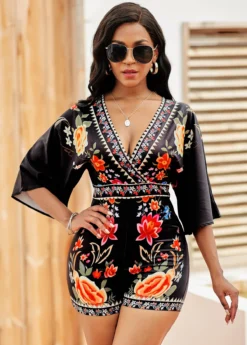 V Neck Floral Print Tie Back Romper -Elegance Swimwear Store 264825 P 16479442238313