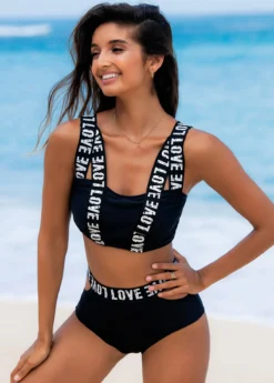 Letter Print High Waisted Bikini Set